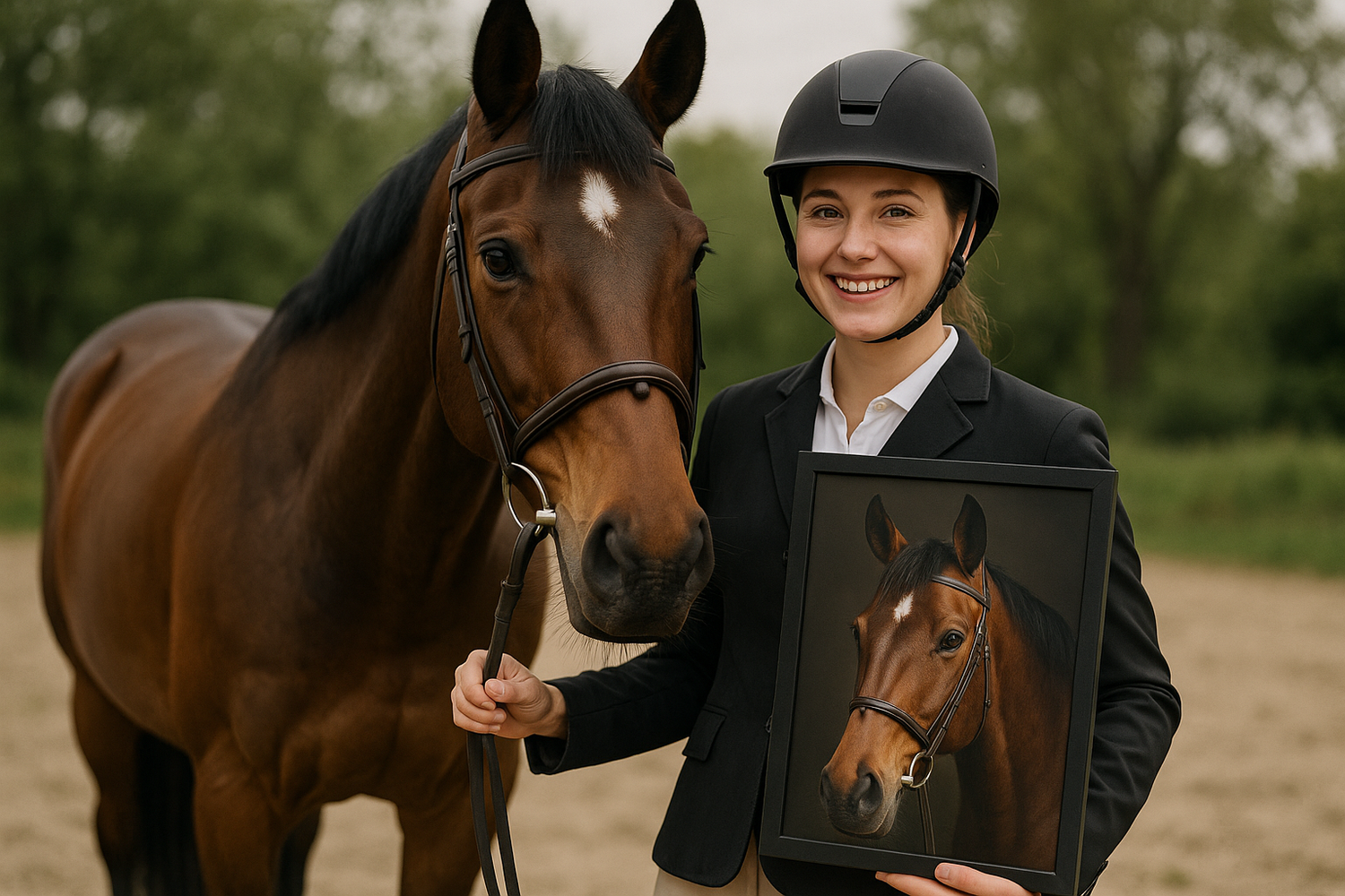 eine frau in reiterklamotten und reiterhelm steht neben ihrem pferd und hat ein schwarz gerahmtes poster in der hand auf dem ein portrait von ihrem pferd drauf ist